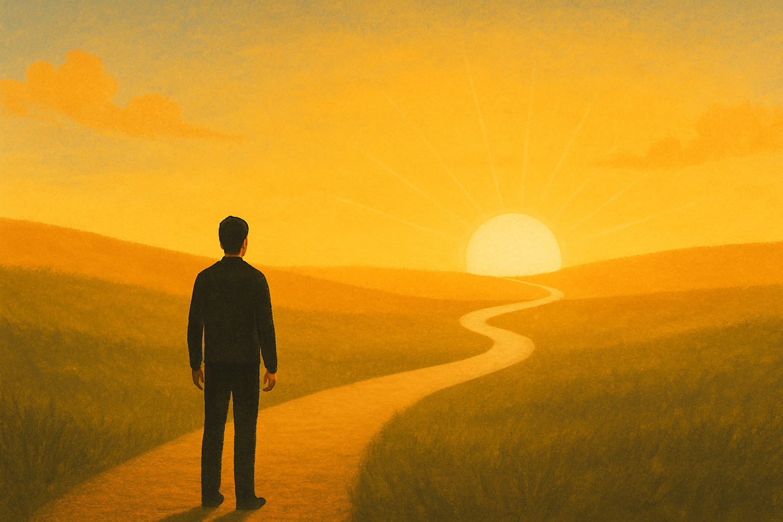 A person at the start of a path with a sunrise