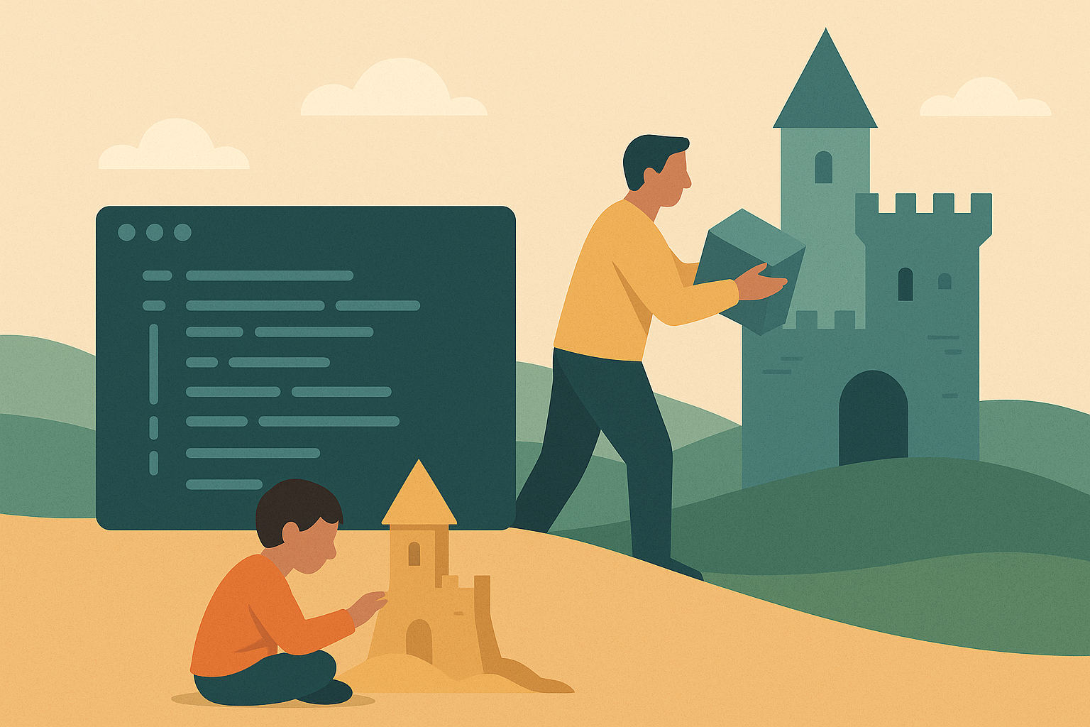 A junior coder buildign a sand castle while senior developer builds real castle